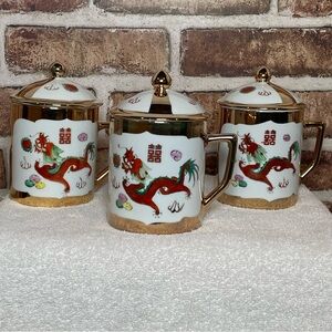 1970's Chinese Dragon & Phoenix 22k Gold Trim Porcelain 4" Tall Tea Cup w/Lid (3